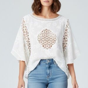 Cellabie Ivory White Cotton Embroidered Dolman Sleeve Prairie Boho Blouse OS